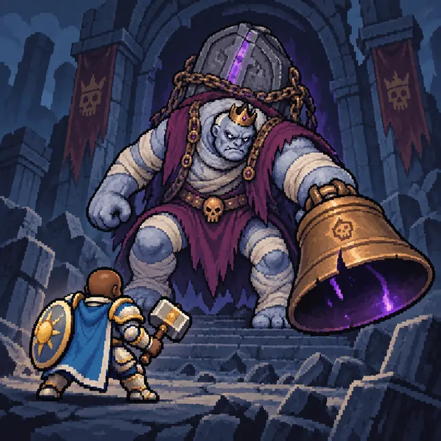 Our paladin faces the giant Crypt King carrying a tombstone and a bronze bell