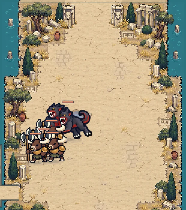 Cerberus and minotaurs among Greek ruins