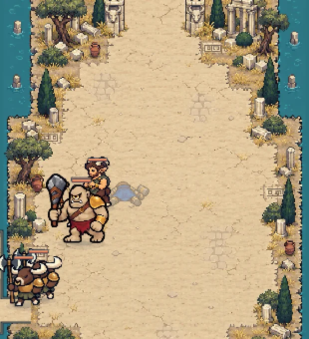 A cyclops and satyrs advancing through ancient ruins