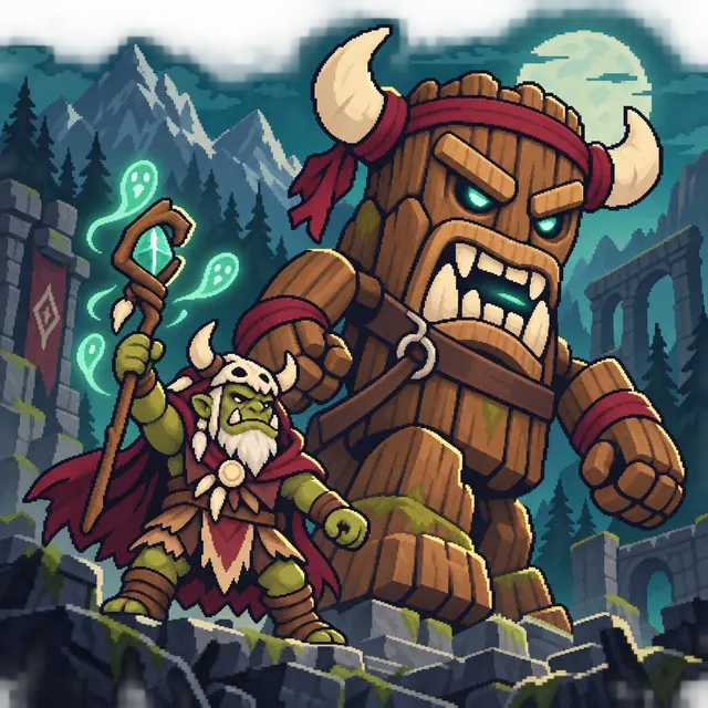 An orc shaman raises his staff beside a towering living totem in ancient mountain ruins